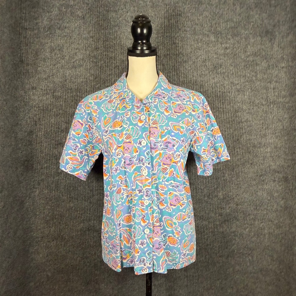 Vintage 90s Jantzen Tropical Fish Print Button Down Shirt Women M Blue Grunge